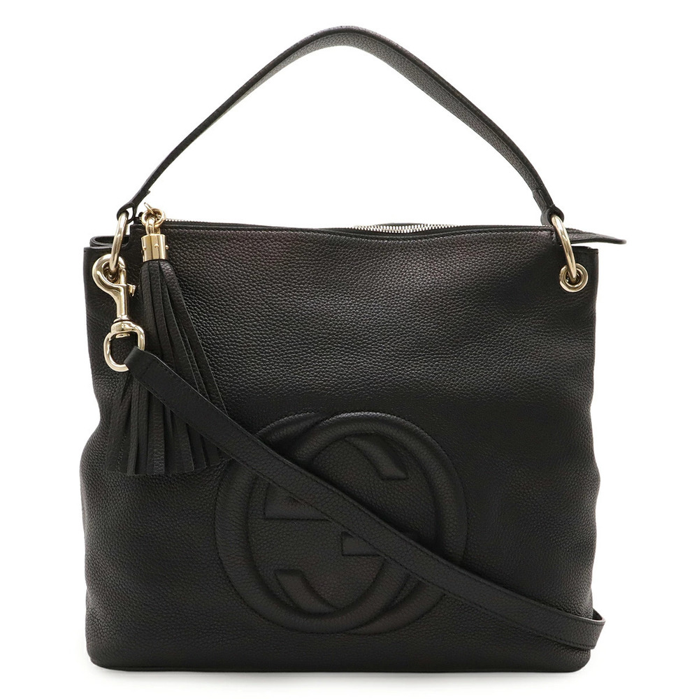 Gucci Soho Interlocking G Fringe Tassel Shoulder Bag Handbag Leather Black